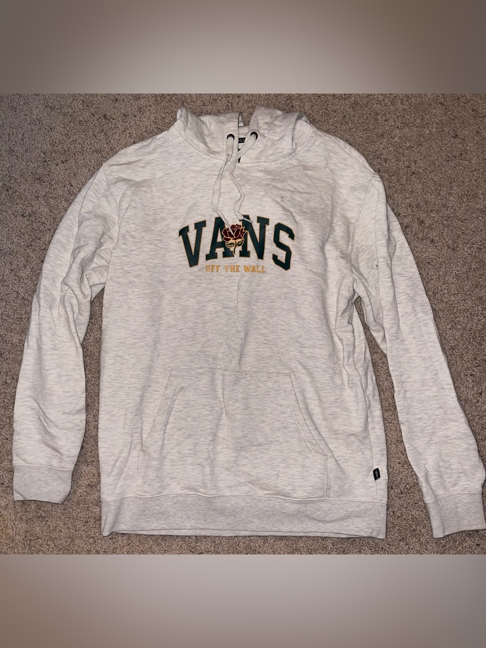 Vans Light Gray Crewneck Hoodie with Green Lettering and Maroon Rose